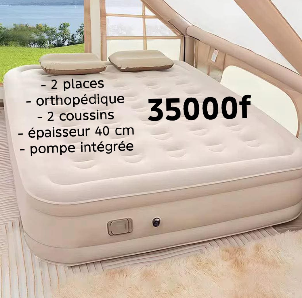 Matelas gonflable à couchage orthopédique en polyester fabriqué avec de matière durable . Idéal pour tous types d’endroits et camping .