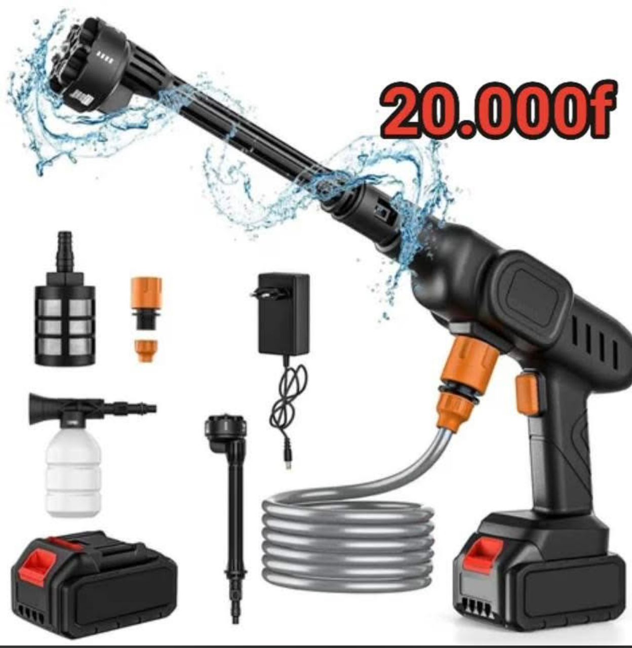 Pistolet à eau de lavage de voiture, 6 trous , batterie au lithium, haute tension, 1 batterie . Pression maximale 90 BAR , puissance moteur : environ 200w , temps de charge : 4h .
