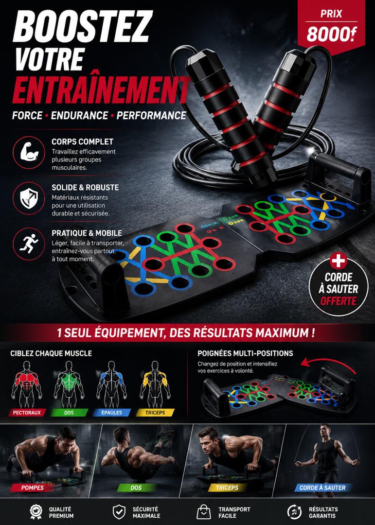 Prix : 8000f au lieu de 18000f . Découvrez notre planche à pompe + corde à sauter offerte. Tu peux te muscler à la maison sans aller en salle , poitrine , épaules , bras . Idéal pour les débutants et sportifs.