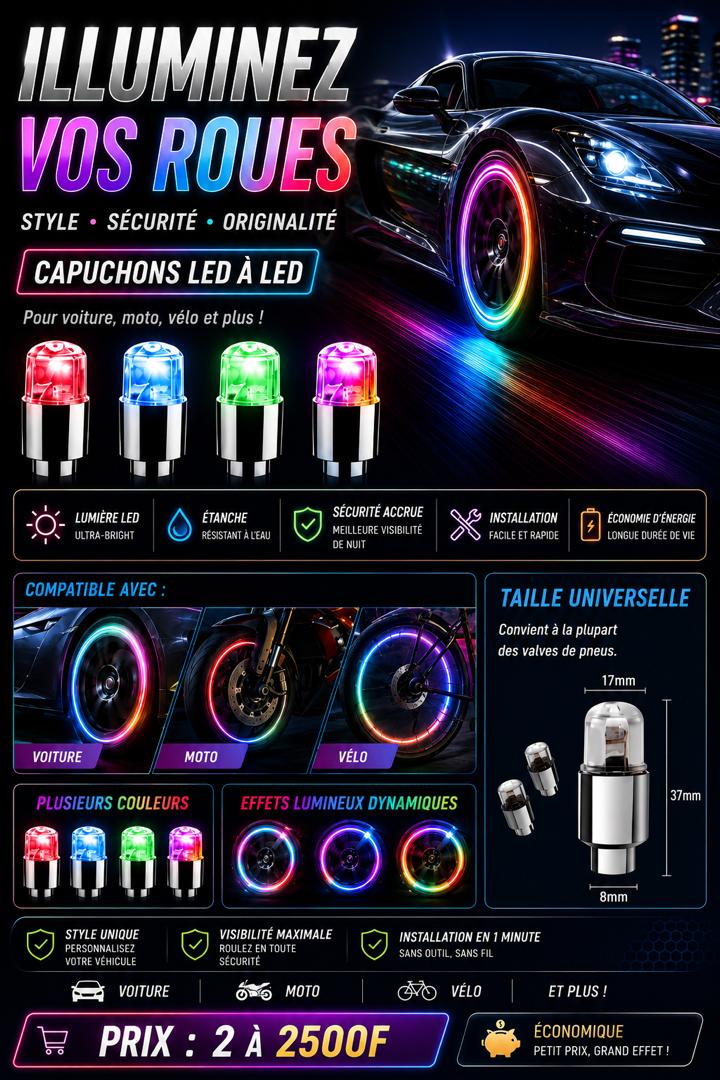 Prix : 2 à 2500f au lieu 6000f .      Transformer votre vélo, moto ou voiture avec ses lumières, LED pour valves de roues , elles s’activent automatiquement.