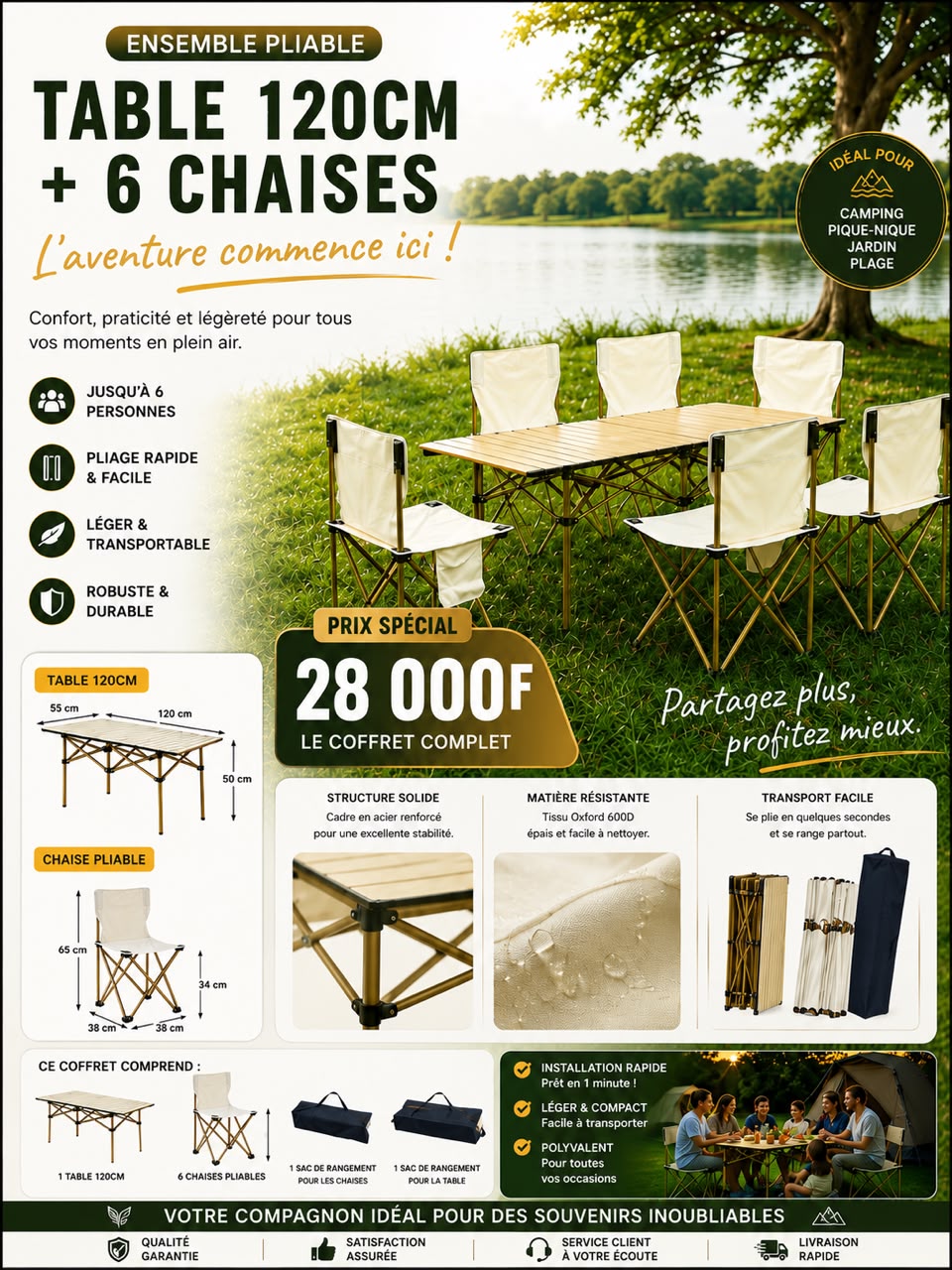 Prix : Promo 28000f au lieu 68000f .                                    Table + 6 chaises pliable solide pour camping, se transforme en petite valise, elle est entièrement non encombrante, facile à transporter, matière en inoxydable.