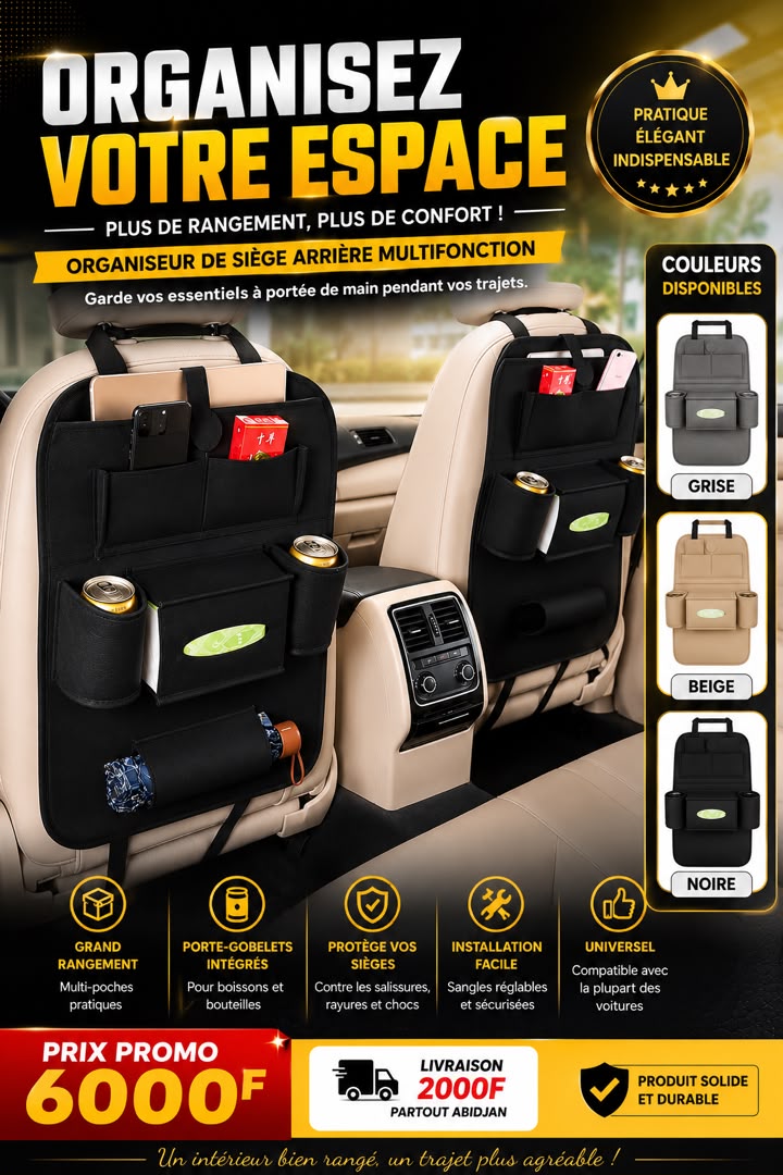 Prix: 6000f au lieu 12000f Nouveau sac de rangement pour siège de voiture , sacs suspendu pour dossier de siège , produits multifonctionnel pour le rangement dans les véhicules.