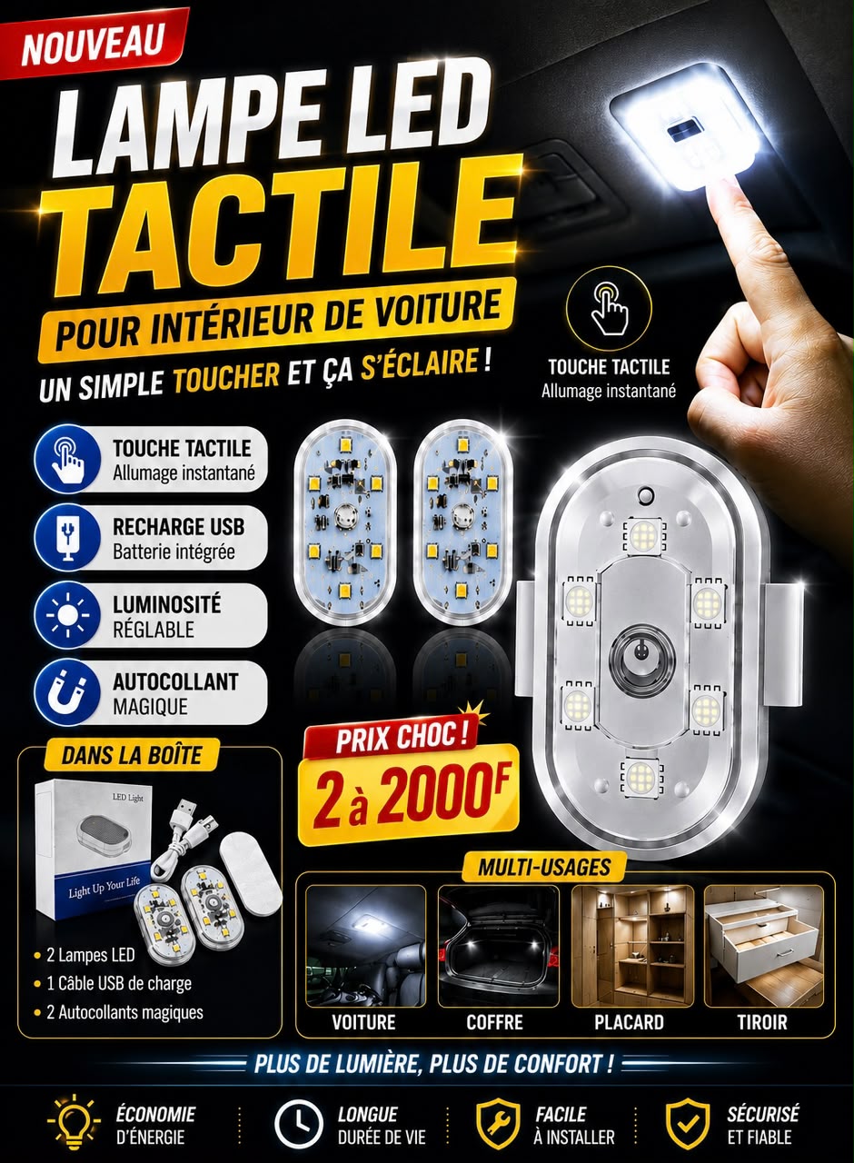 Prix : 2 à 2000f au lieu 7000f . 

Lampes LED adhésives sans fil pour voiture, éclairage d’ambiance pour toit et pieds , éclairages LED intérieur de voiture , lumière tactile magnétique.