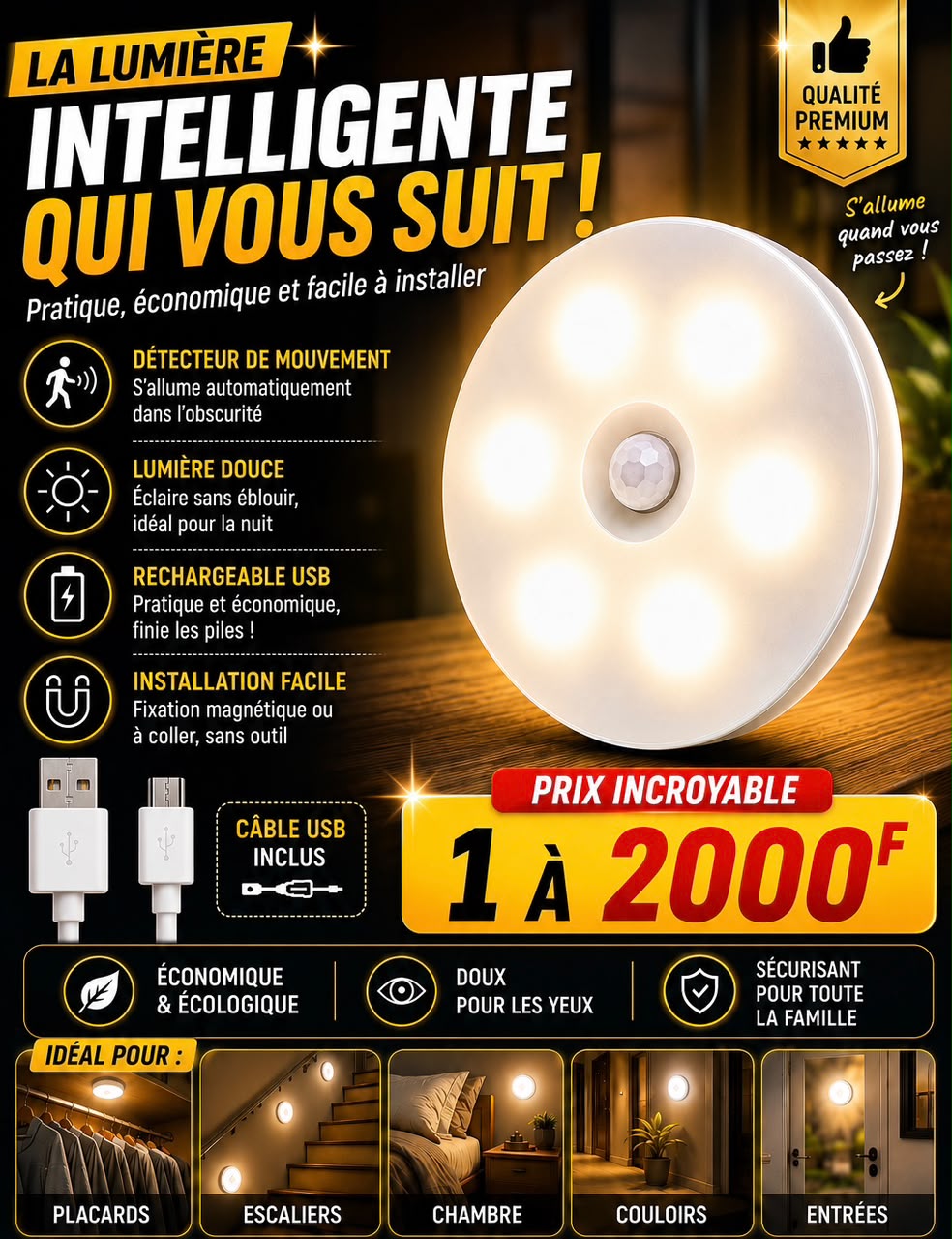 Prix : 1 à 2000f au lieu 7000f . 

Veilleuse LED aste pas USB avec détecteur de mouvement , lampe sans fil pour armoire de cuisine, lampe de garde robe , lumière d’escalier.