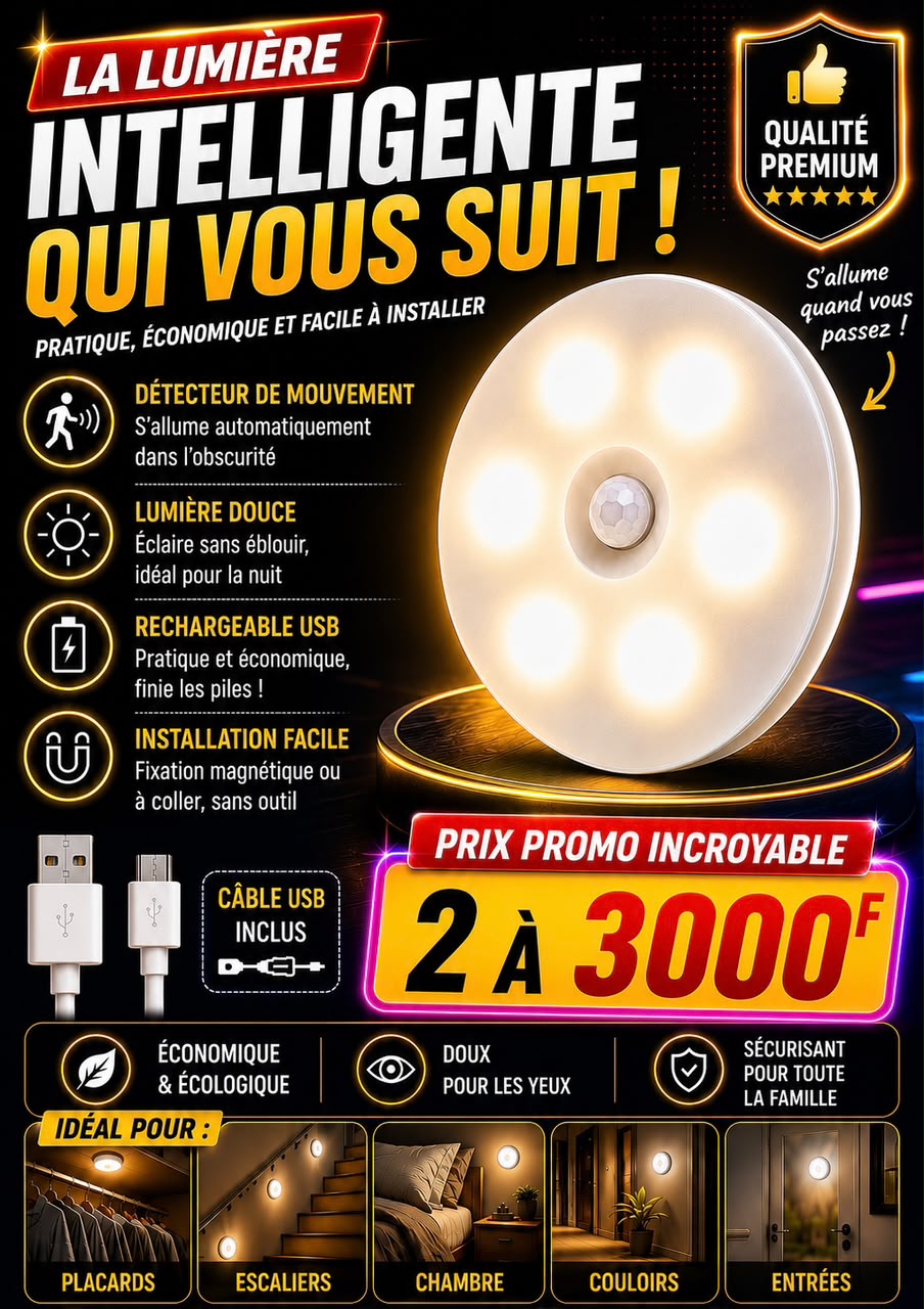 Prix : 2 à 3000f au lieu de 8000f . 

Veilleuse LED aste pas USB avec détecteur de mouvement , lampe sans fil pour armoire de cuisine, lampe de garde robe , lumière d’escalier.