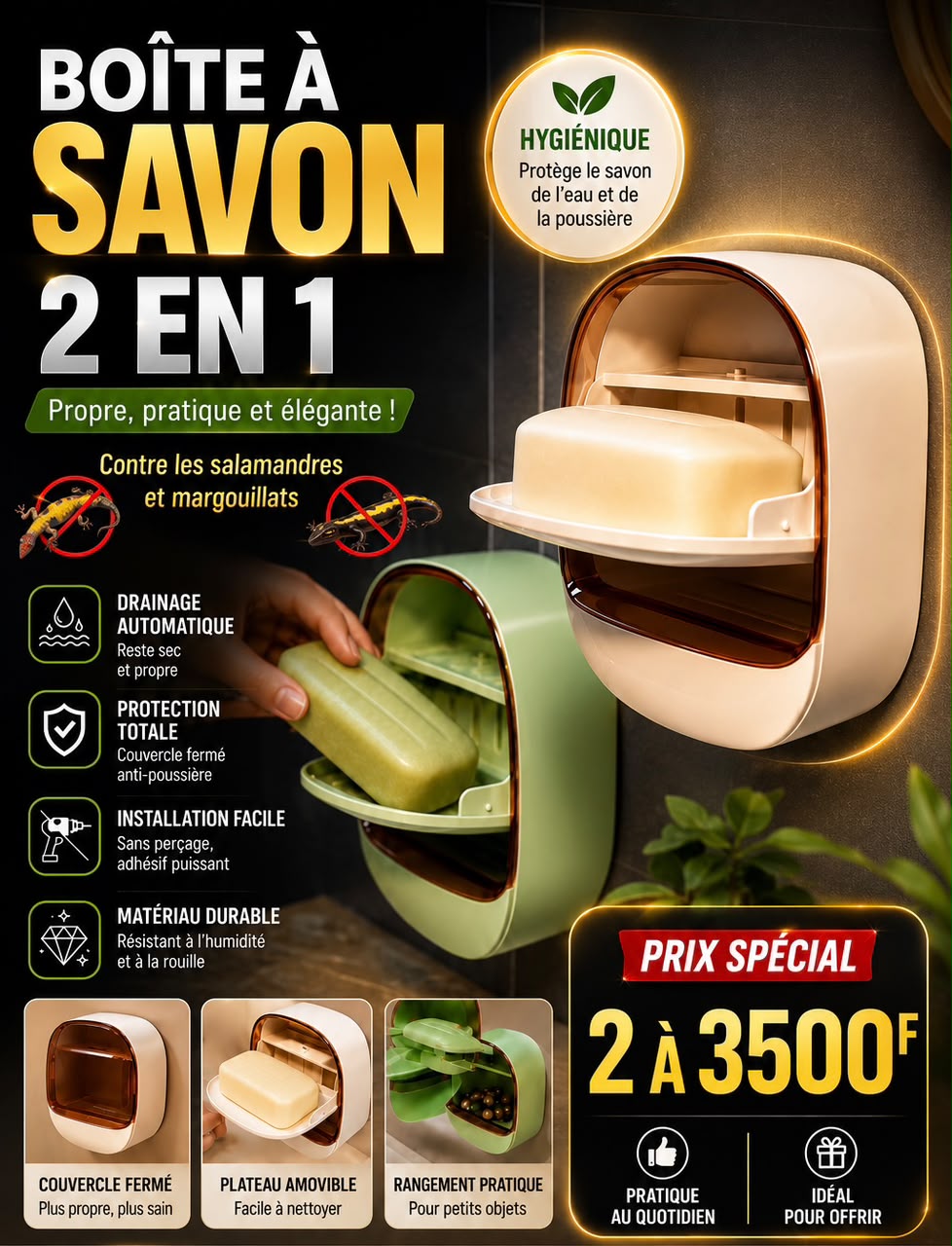 Prix : 2 à 3500f au lieu de 8000f .              Jolie boîte à savon murale disponible pour la cuisine, la douche et très solide .