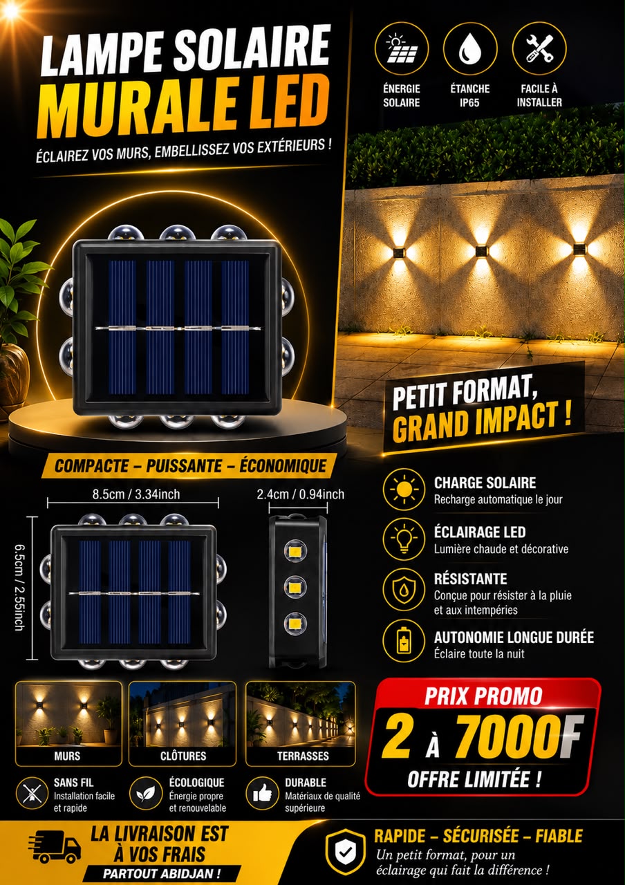 Prix : 2 à 7000f au lieu de 16000f .              Led murale solaire extérieur étanche haut et bas éclairage lumineux pour jardin , clôture , décoration lumière du soleil .
