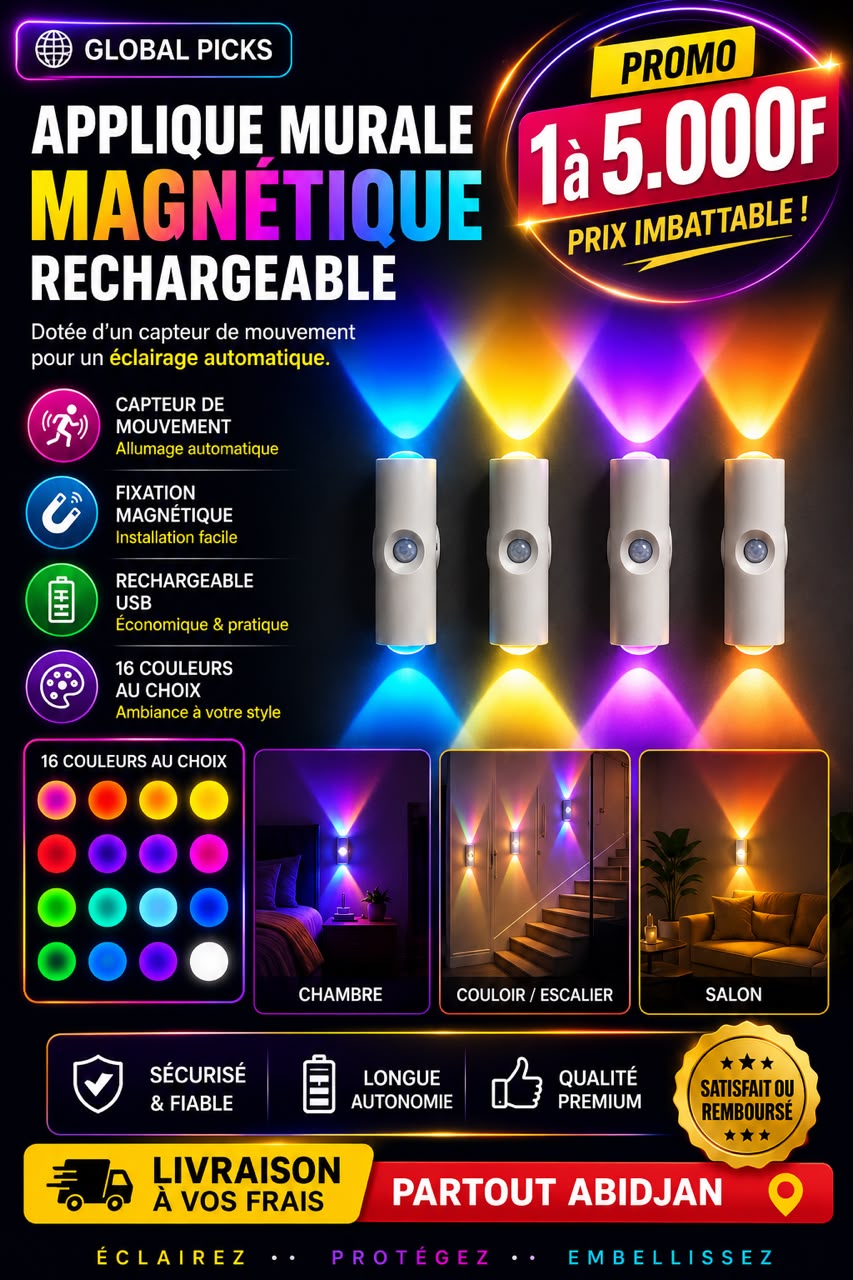 Prix : 1 à 5000f au lieu de 9000f .               Lampe murale intelligente avec capteur de mouvement magnétique rechargeable pour chambre , salle de bain , placard , jardin et décoration intérieure .